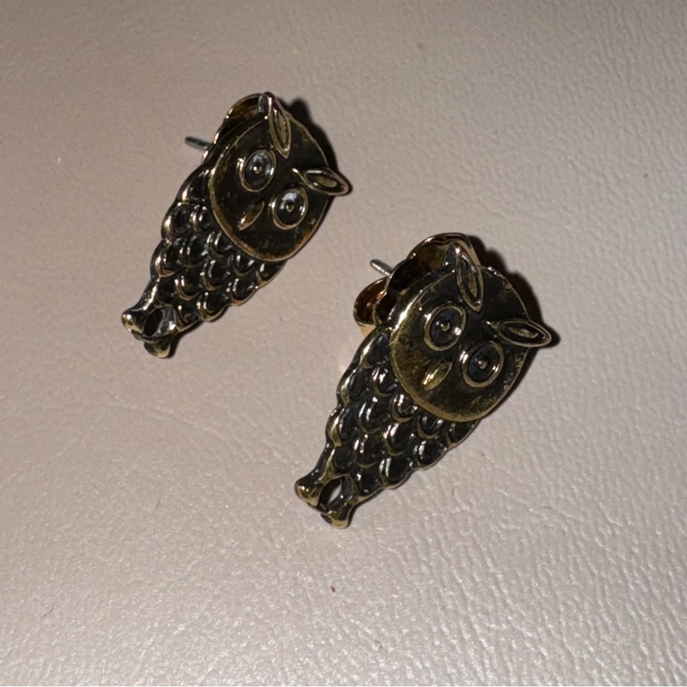 Burnished Brass Tone Owl Post Earrings